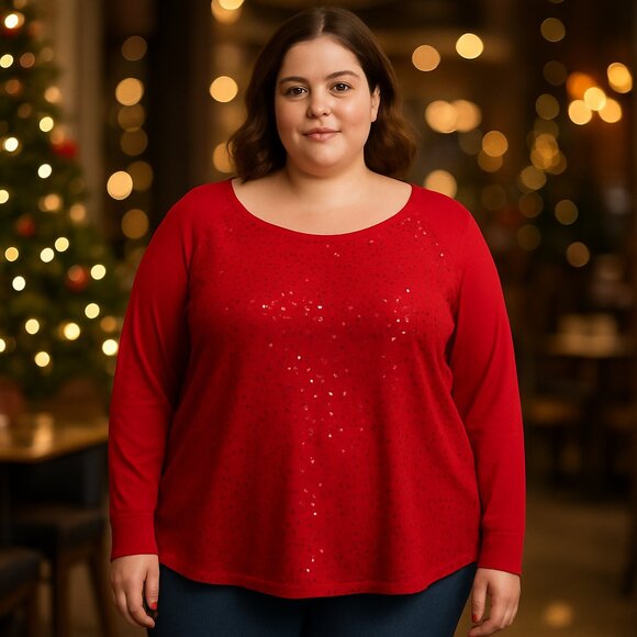 ✨ CHAPS Red Sequin Cotton Knit Top — 3X — Holiday Luxe & Comfort ✨ - Picture 2 of 13